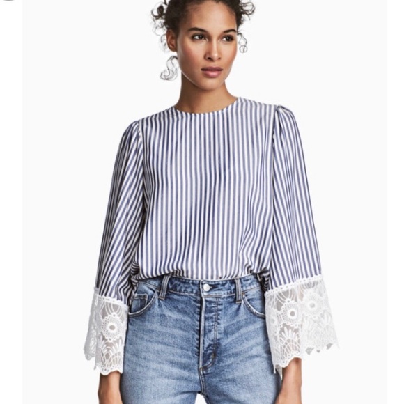 Striped Lace Trim Wide Sleeve Blouse Top H&M 2 XS - Picture 1 of 4